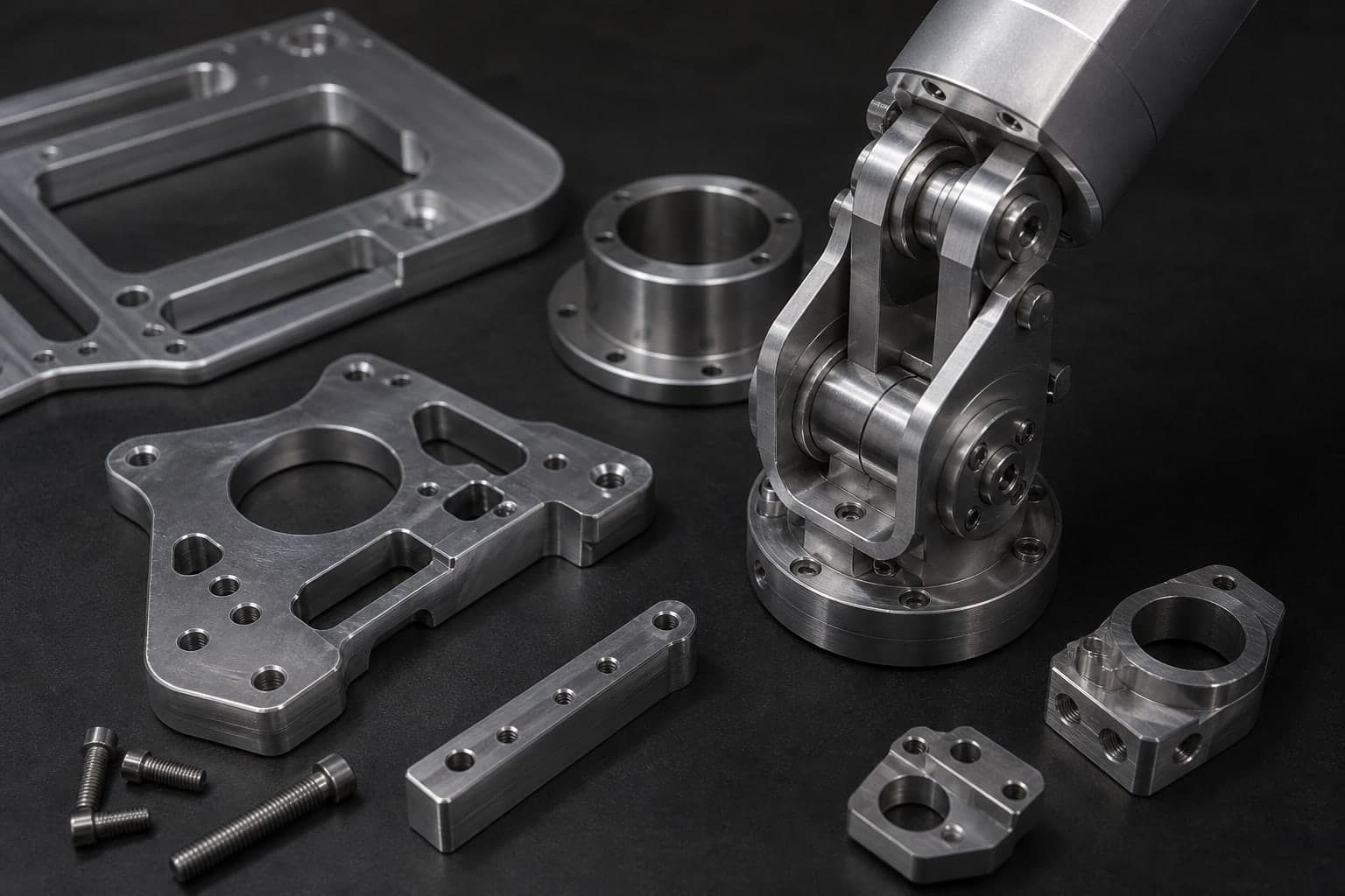 Precision machined metal components and a robotic joint on a dark studio table.