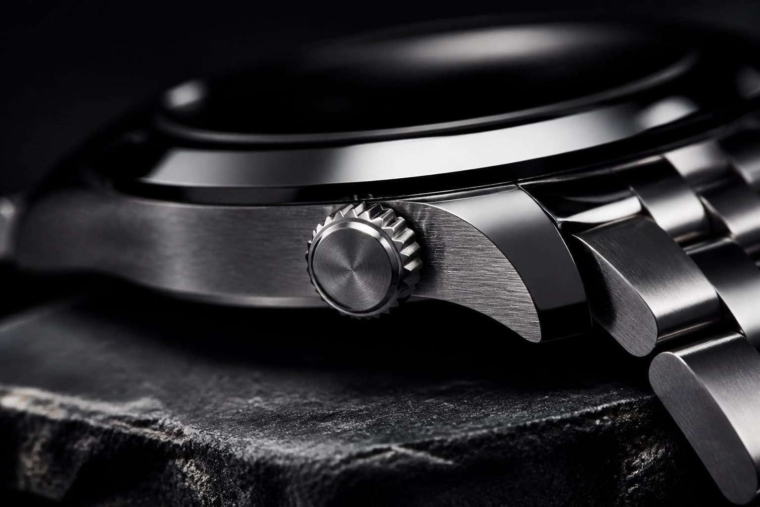 Detail of a watch crown and bracelet on a dark surface.