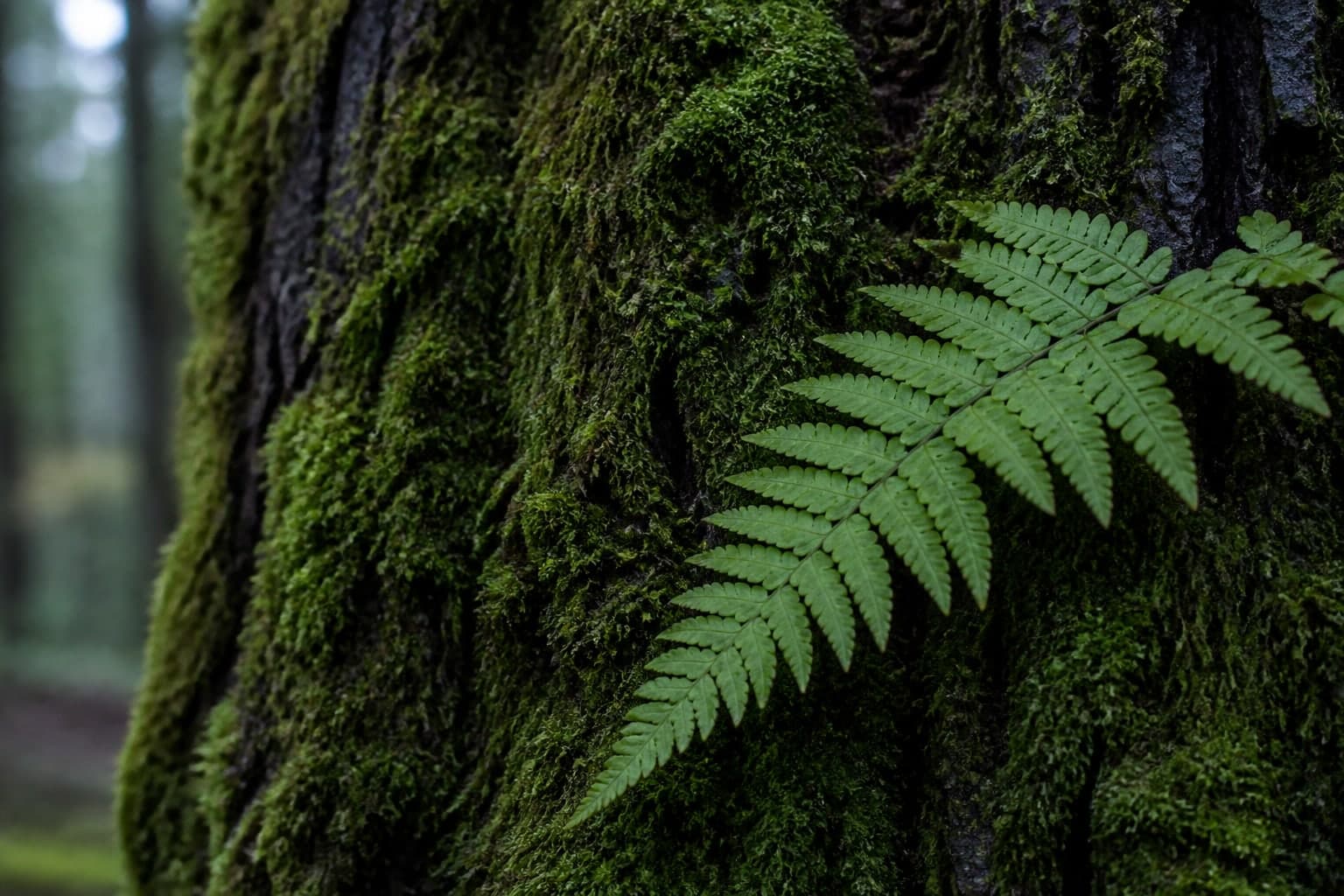 Moss and fern on dark tree bark in cool forest light.